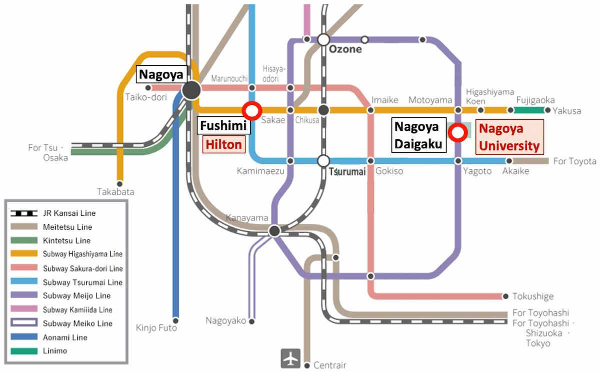 A map of the train and metro connections in Nagoya
