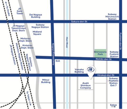 A map of the area surrounding the Nagoya Hilton Hotel